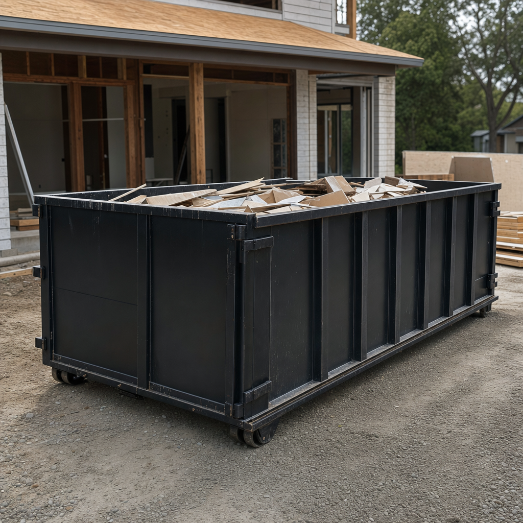 Large matte-black 30-yard construction roll-off dumpster at an active Kissimmee jobsite, steel-gray top rails and bottom rollers visible, loaded with construction debris.