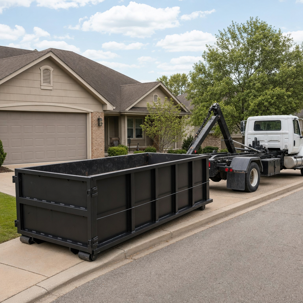 Wide documentary shot of a matte-black roll-off dumpster on a Kissimmee residential driveway in the foreground and a contractor jobsite container in the soft-focus background, bright daylight, calm and orderly composition.