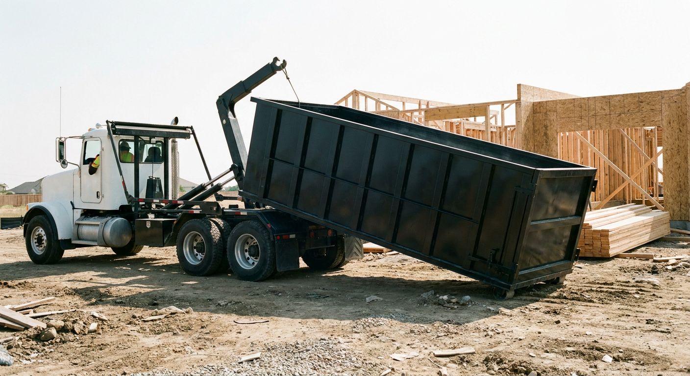 Matte-black roll-off dumpster being delivered onto a clean residential concrete driveway in Kissimmee by an unmarked white hooklift hauler truck, bright morning daylight, documentary 35mm perspective.