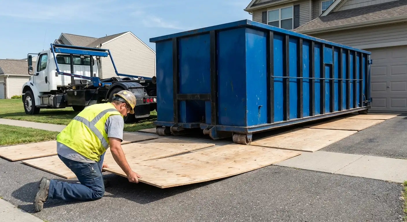 Driveway protection and delivery preparation for dumpster rental in Kissimmee, FL