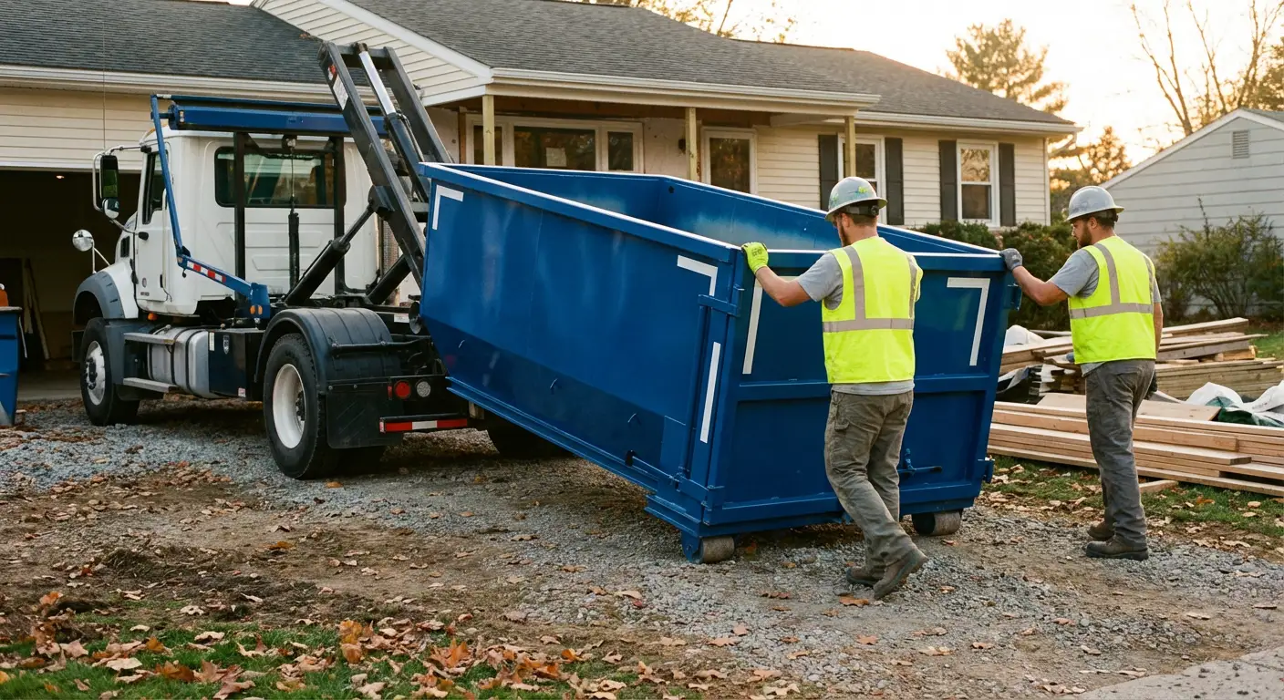 Construction dumpster delivery truck in action in Kissimmee, FL