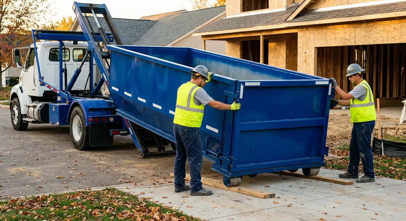 Roll-off dumpster delivery truck in residential area in Kissimmee, FL