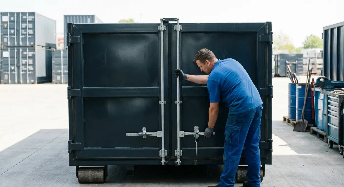 Dumpster walk-in loading door open showing easy access in Kissimmee, FL